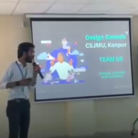 Pranjul Rathour pitching with a microphone in front of a projector slide at CSJMU, Kanpur