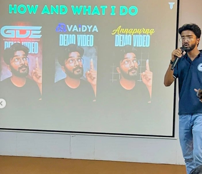 Pranjul Rathour giving a talk titled 'How and what I do', with demo videos of his products Vaidya and Annapurna on screen