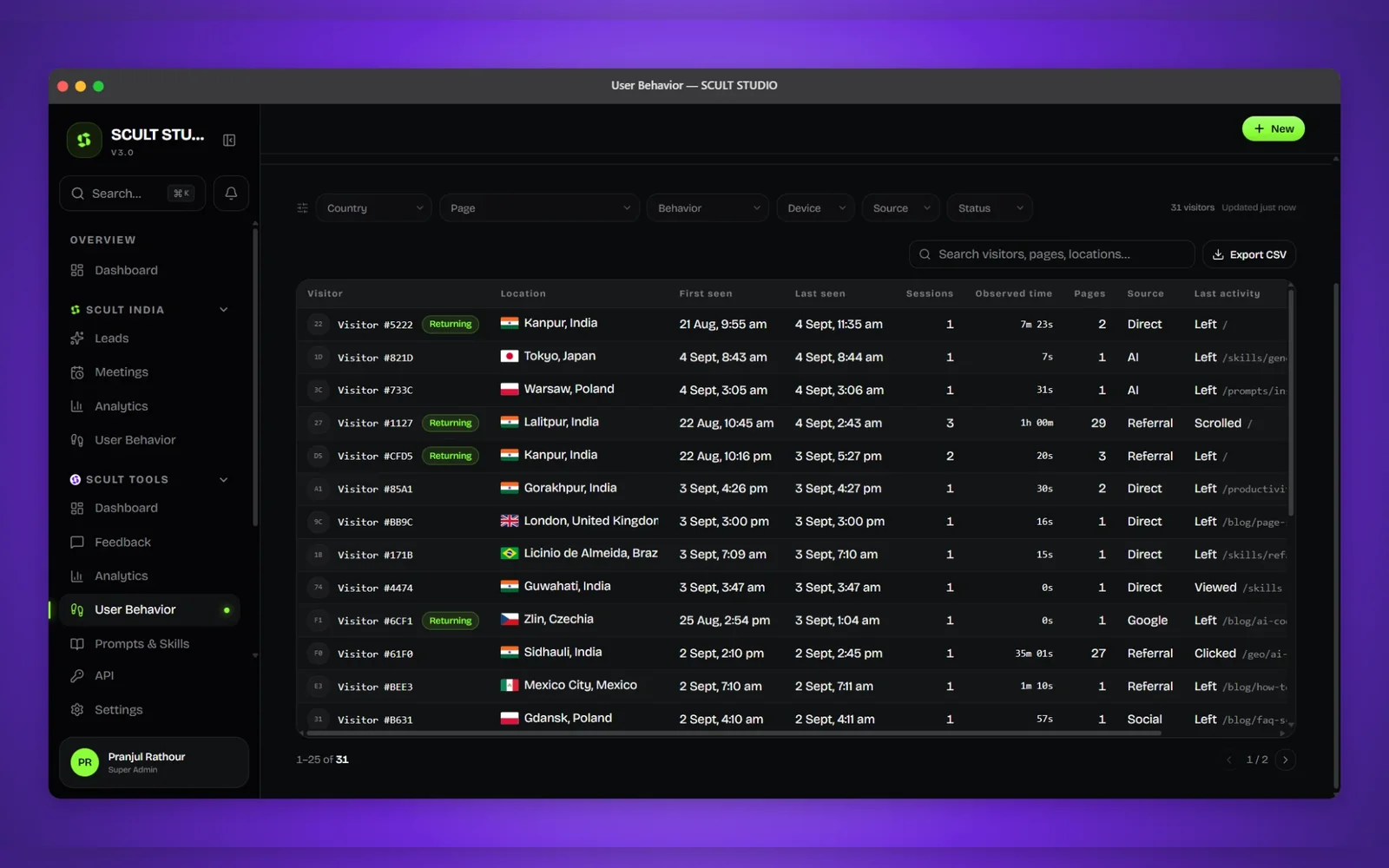 SCULT Studio CRM — user behaviour analytics view